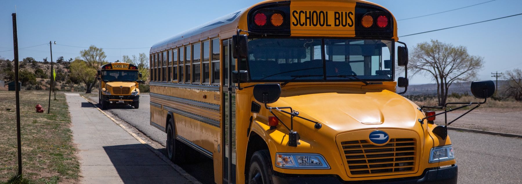 Two yellow school buses are parked outside the school, ready for students to board after school.